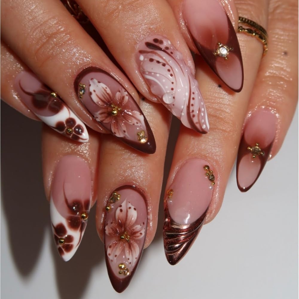 French Tips Press on Nails Medium Almond Nails Press on with 5D Flower Charm Design Glossy Brown Glue on Nails Water Ripple Rhinestones Fake Nail Reusable Fall Winter Nail for Women Manicure 24Pcs