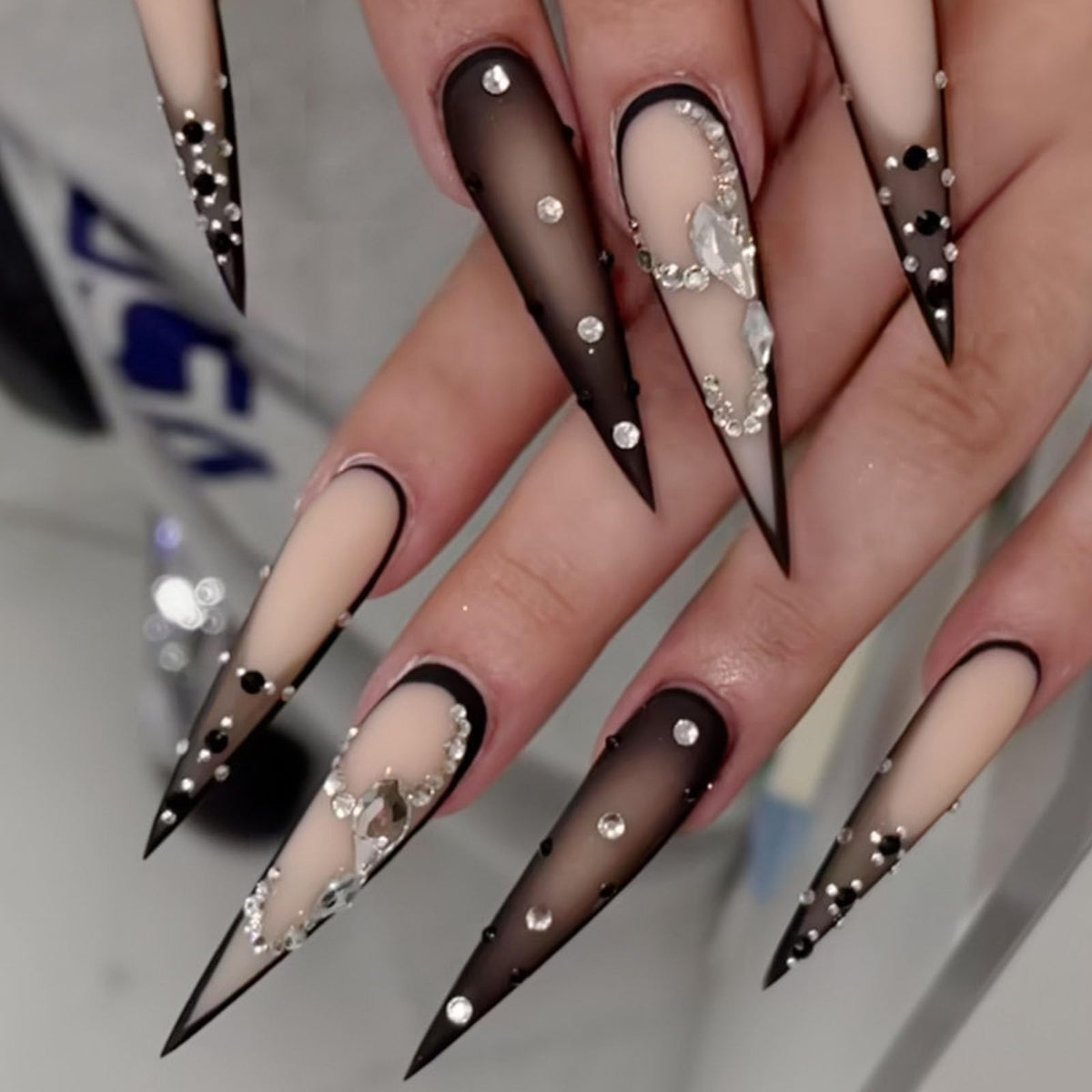 IMRAIN Long Press on Nails Stiletto Pink Fake Nails Rhinestone & Flower Designs Glossy Glue on Acrylic Nails Full Cover Luxury Bling Handmade Stick on False Nails for Women 24Pcs