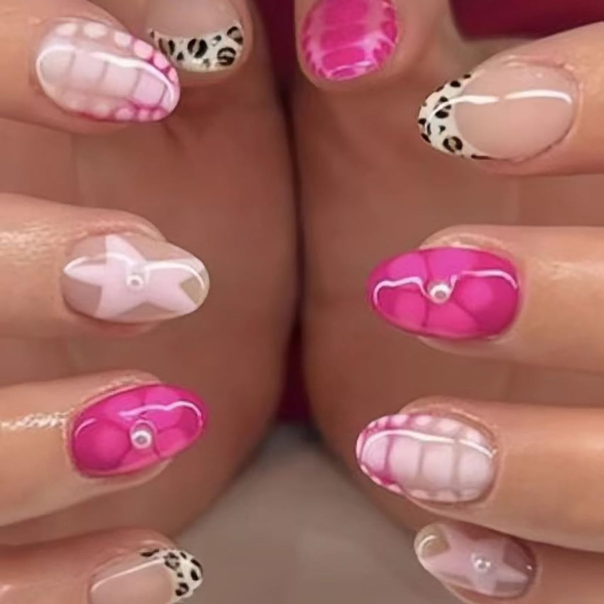 Summer Press on Nails Almond Pink Floral Shell Pearl Gold Dot Fake Women