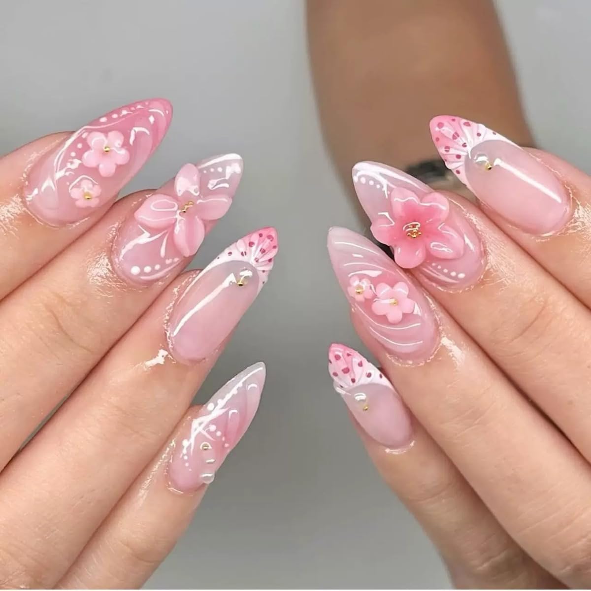 Almond Press on Nails Medium - Fall Fake Nails with Gold Line Design - White Full Cover Stick on False Nails - for Women 24 Pcs