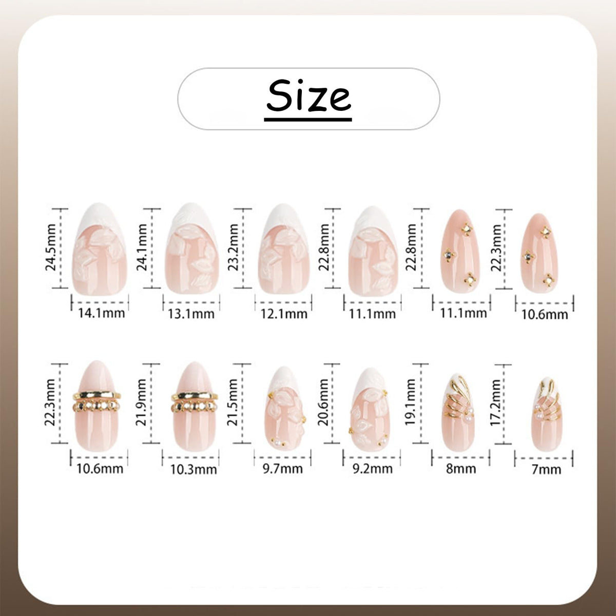 Almond Press on Nails White Flower with Gold Rhinestone Wedding Fake Nails