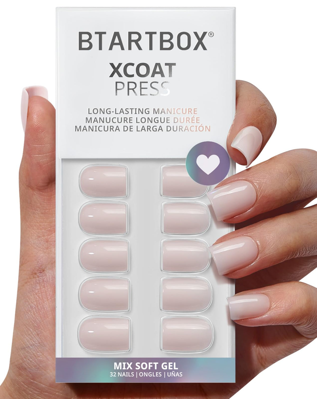 BTArtbox Press On Nails, Short Almond Pink Fake Nails, 32Pcs Full Kit