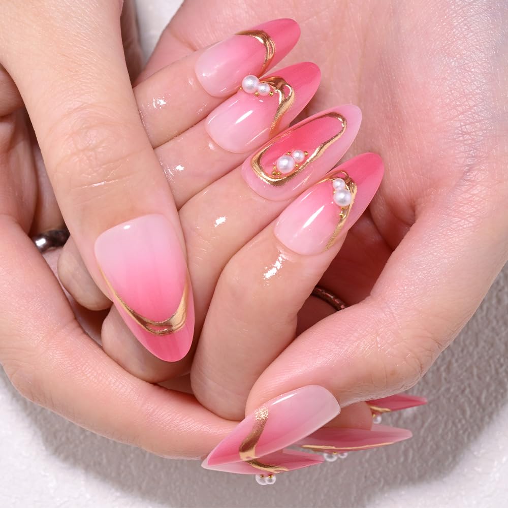 White French Tips Press on Nails, Irregular Gold 3D Lines with Flower & Pearl Design, Reusable Salon Quality Acrylic False Nails for Women, Glue On Nails with Adhesive Tabs for Daily Wear