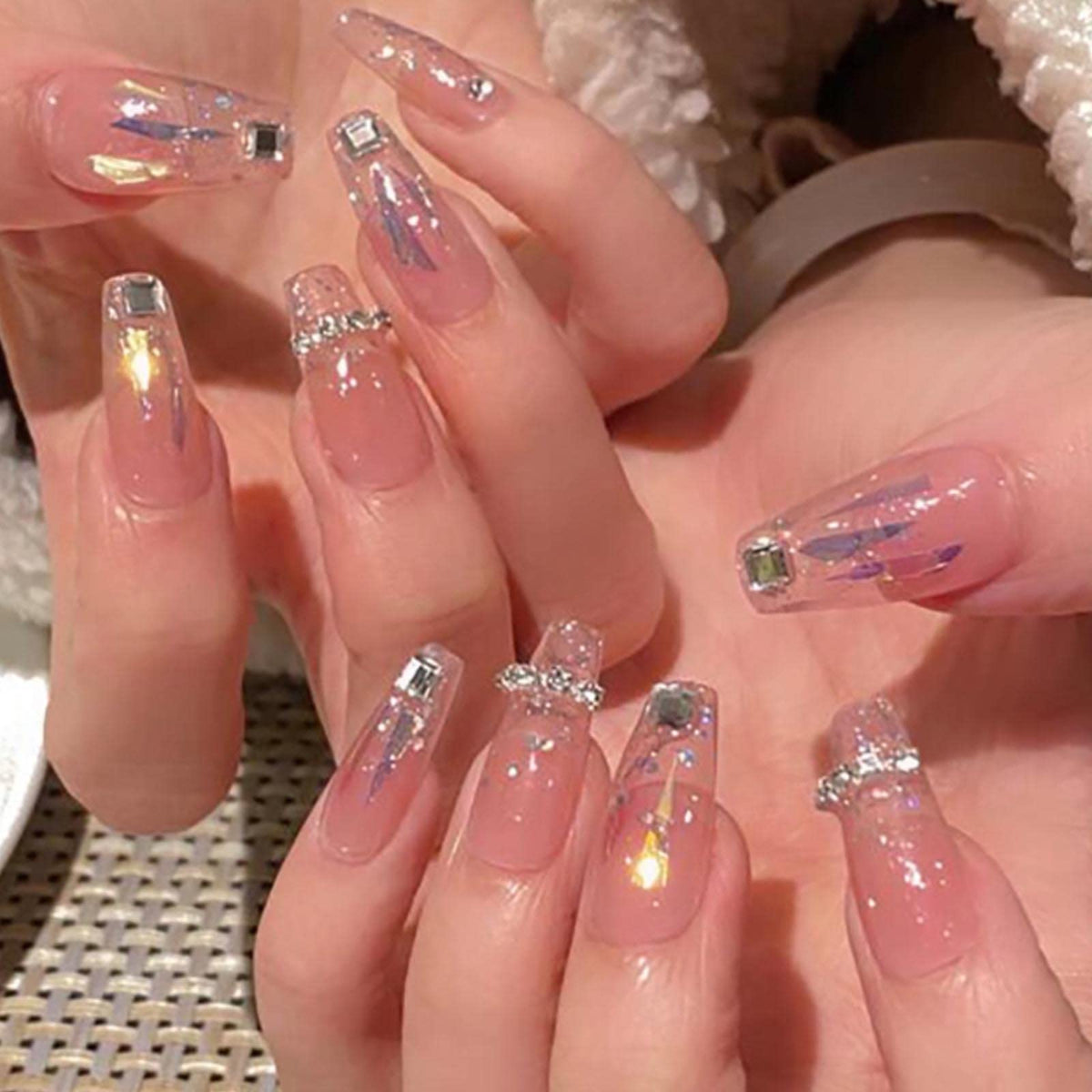 Long Press on Nails Square French Fake Nails Full Cover Nude Acrylic False Nails for Women and Girls 24PCS (Gold Shiny)