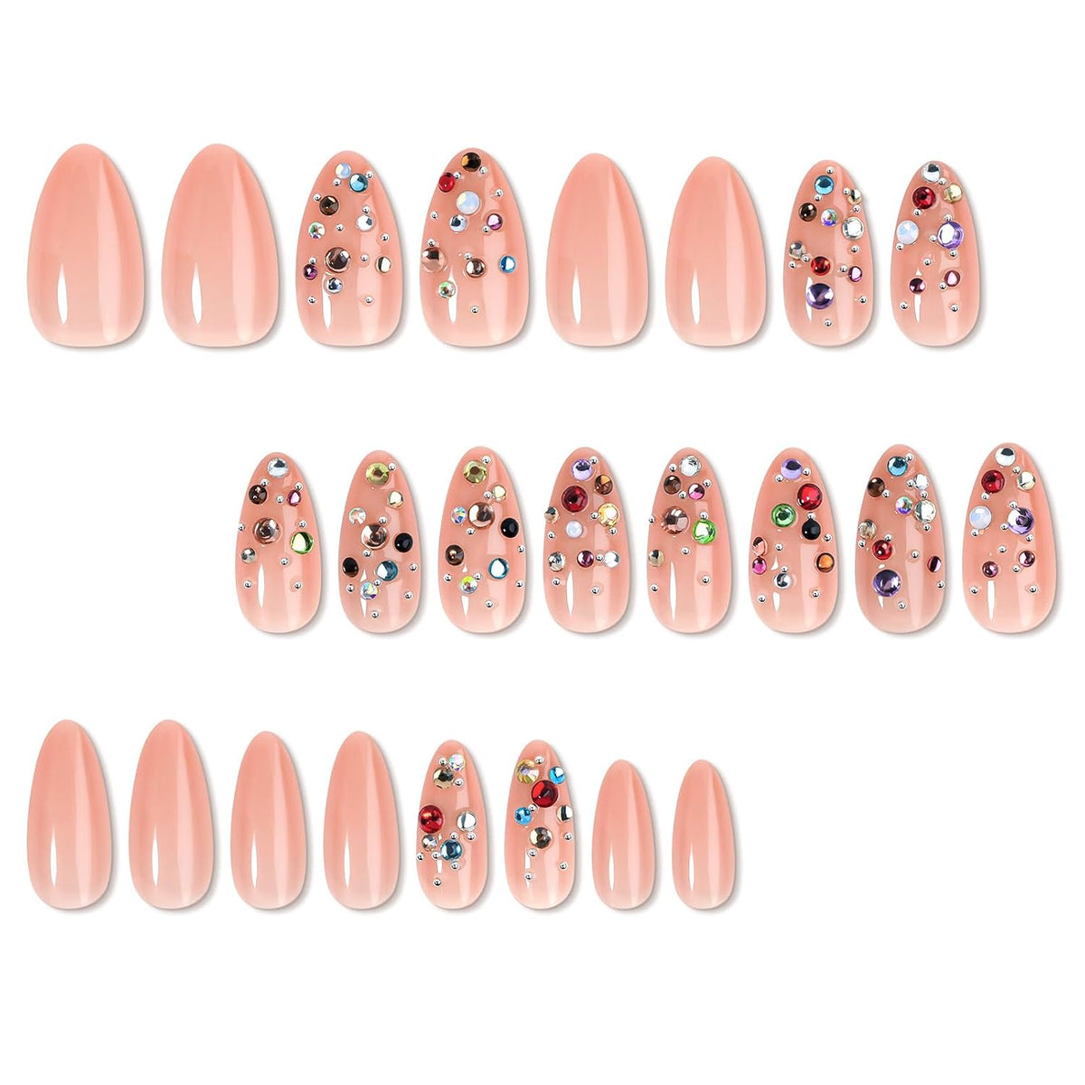 HOSAILY Luxury Press on Nails Medium Almond Rhinestones French Designs Fake Nails, 24PCS Glossy Sparkle Colorful Gems Stick on Nails for Women Party Daily Wear