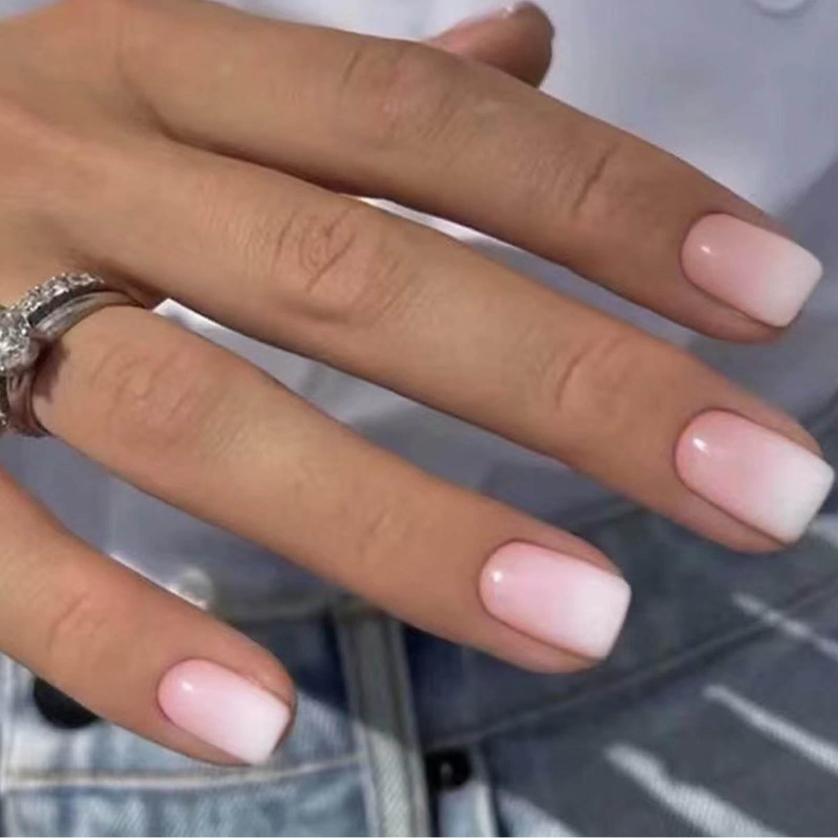 Long Press on Nails Square French Fake Nails Full Cover Nude Acrylic False Nails for Women and Girls 24PCS (Gold Shiny)