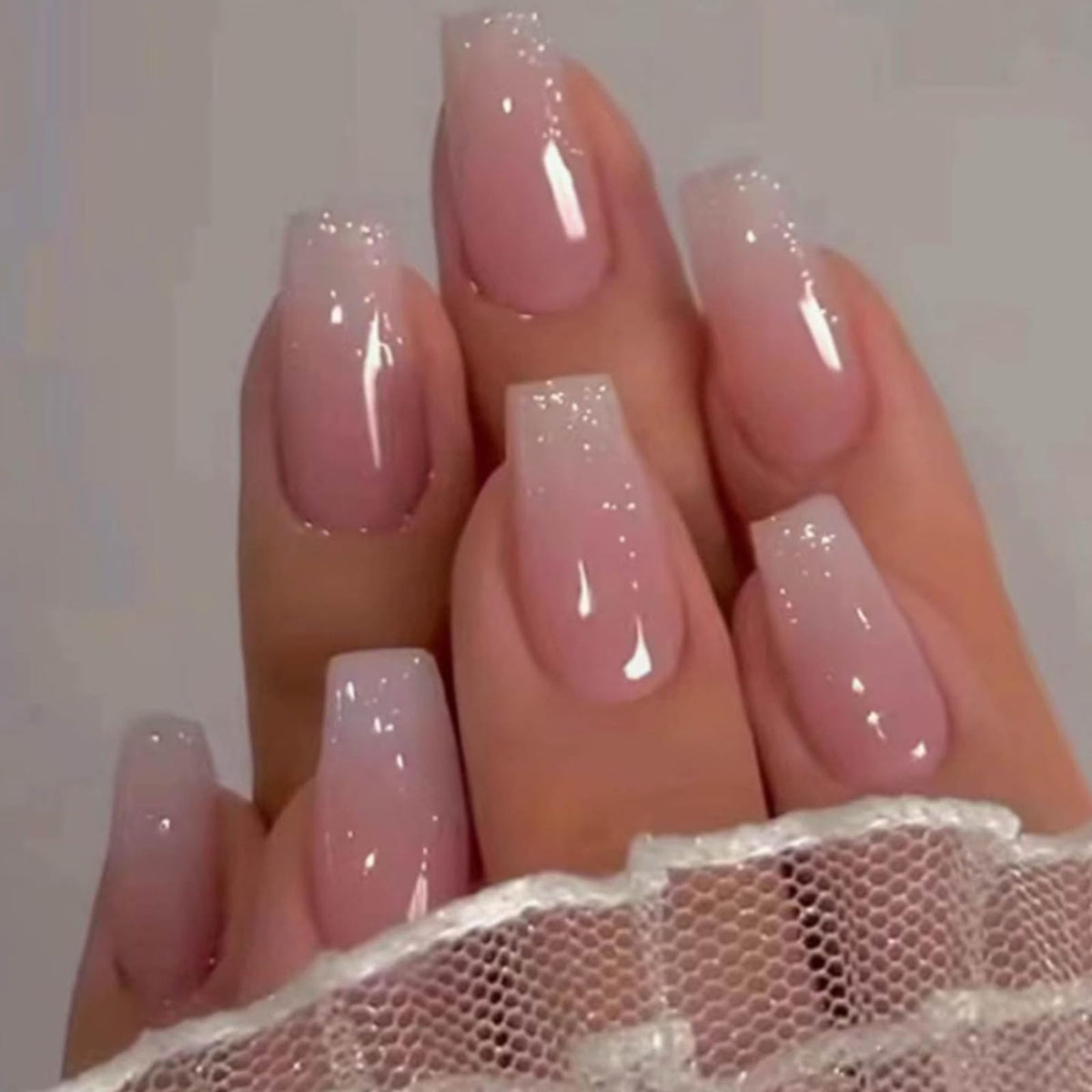 Long Press on Nails Square French Fake Nails Full Cover Nude Acrylic False Nails for Women and Girls 24PCS (Gold Shiny)