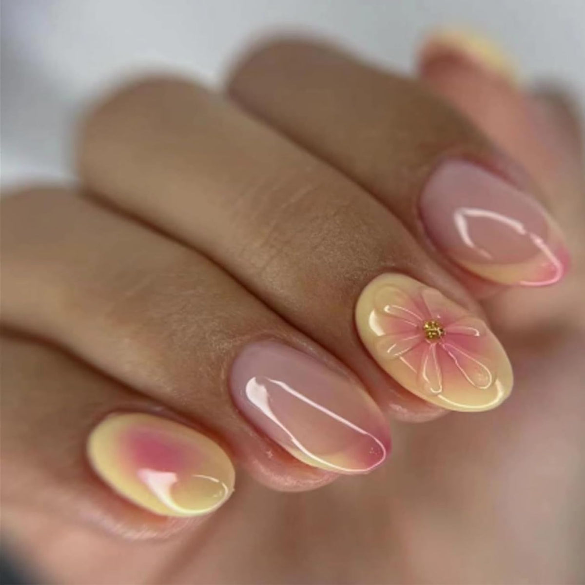 24Pcs Flower Press on Nails Medium Almond Fake Nails with Bow Rhinestones Designs Pink Acrylic Nails Glitter Glue on Nails Cute Floral False Nail Rose Flowers Stick on Nail for Women Nail Supplies