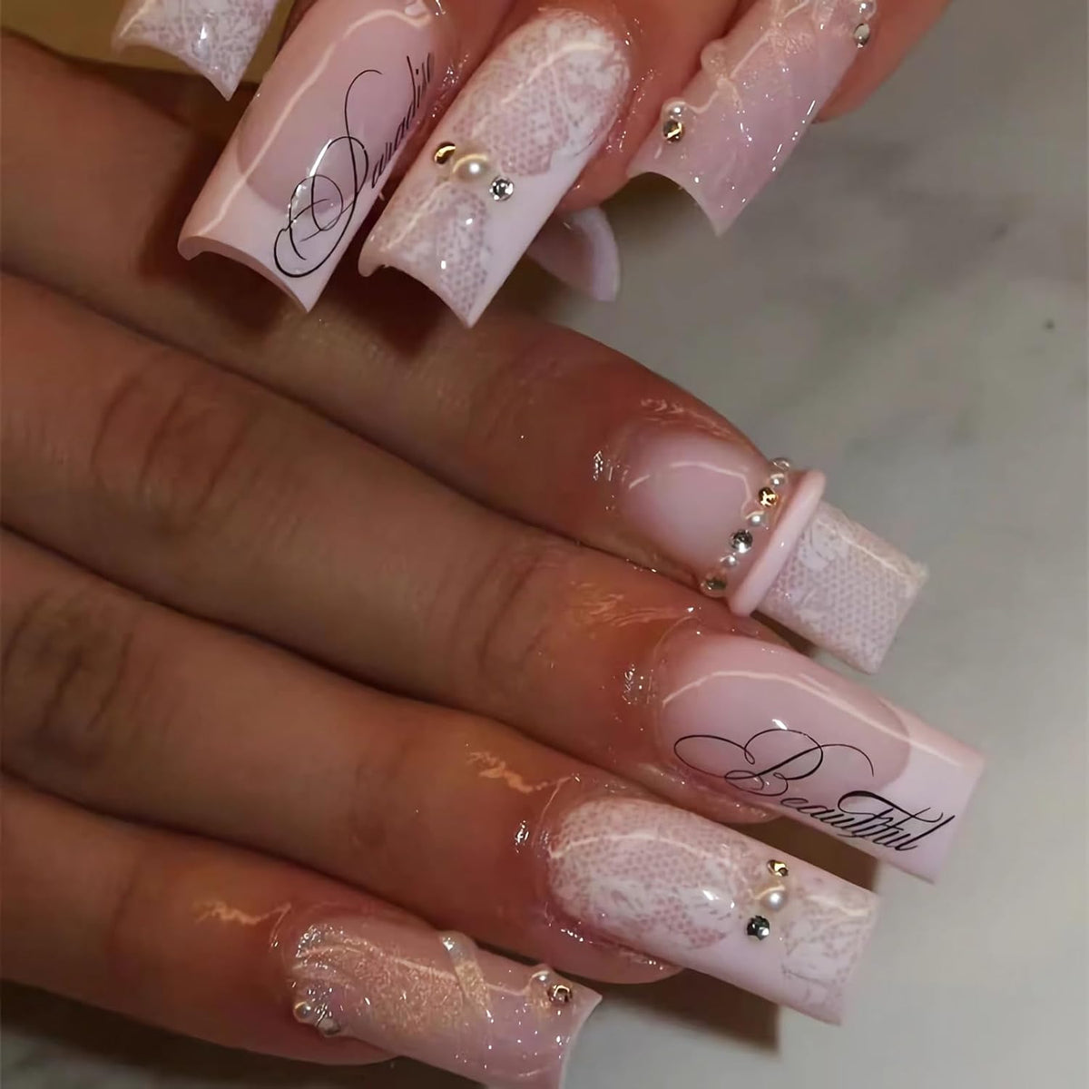 BABALAL Press On Nails Long Square Fake Nails Nude Pink White French Tip Lace Pearl Rhinestone Glossy Bridal Wedding Glue On Nails 24Pcs