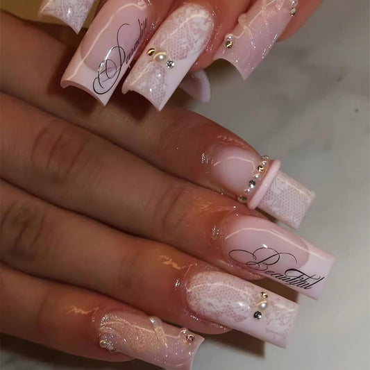 BABALAL Press On Nails Long Square Fake Nails Nude Pink White French Tip Lace Pearl Rhinestone Glossy Bridal Wedding Glue On Nails 24Pcs
