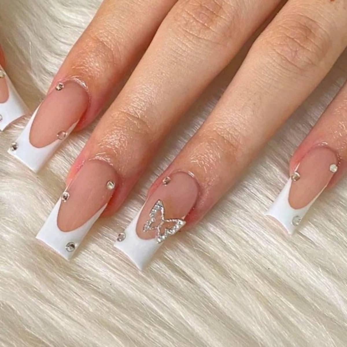 BABALAL Long Square Press on Nails - Blue Fake Nails, Luxury 3D Butterfly Gold Heart Charm Bling Design Full Cover Acrylic Nails Squoval Set 24Pcs