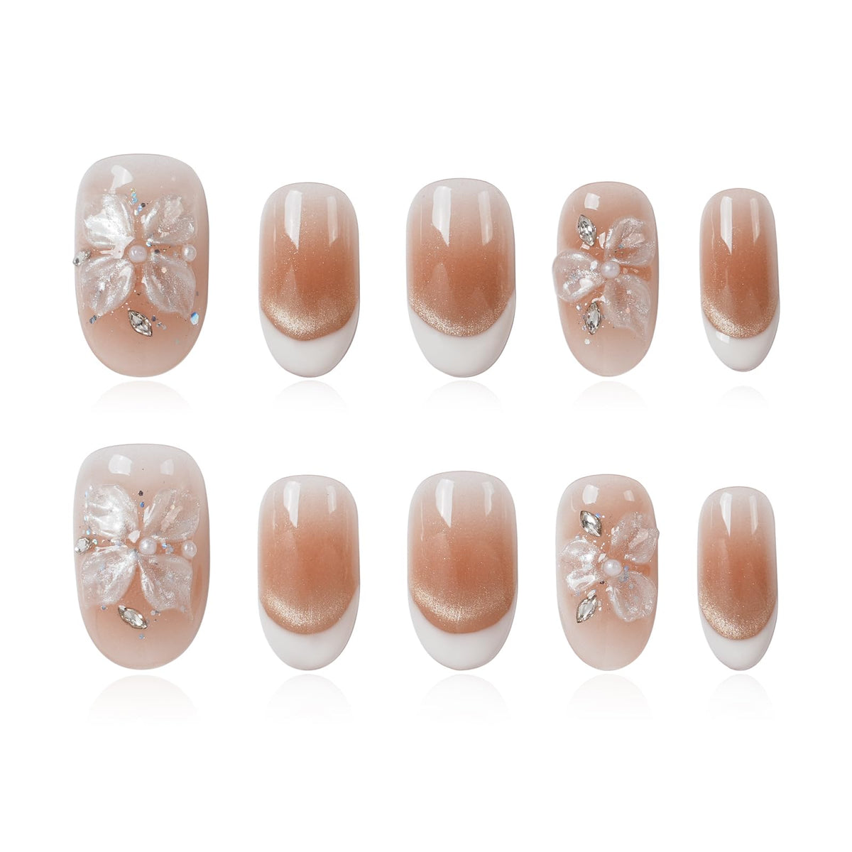 Gothic 3D Floral Press on Nails Medium Almond - Gold Cross & Rhinestone Design, Handmade Pearl Luxury Dark Romantic Reusable Nails (Orange Diamond Sweet Luxury,L)