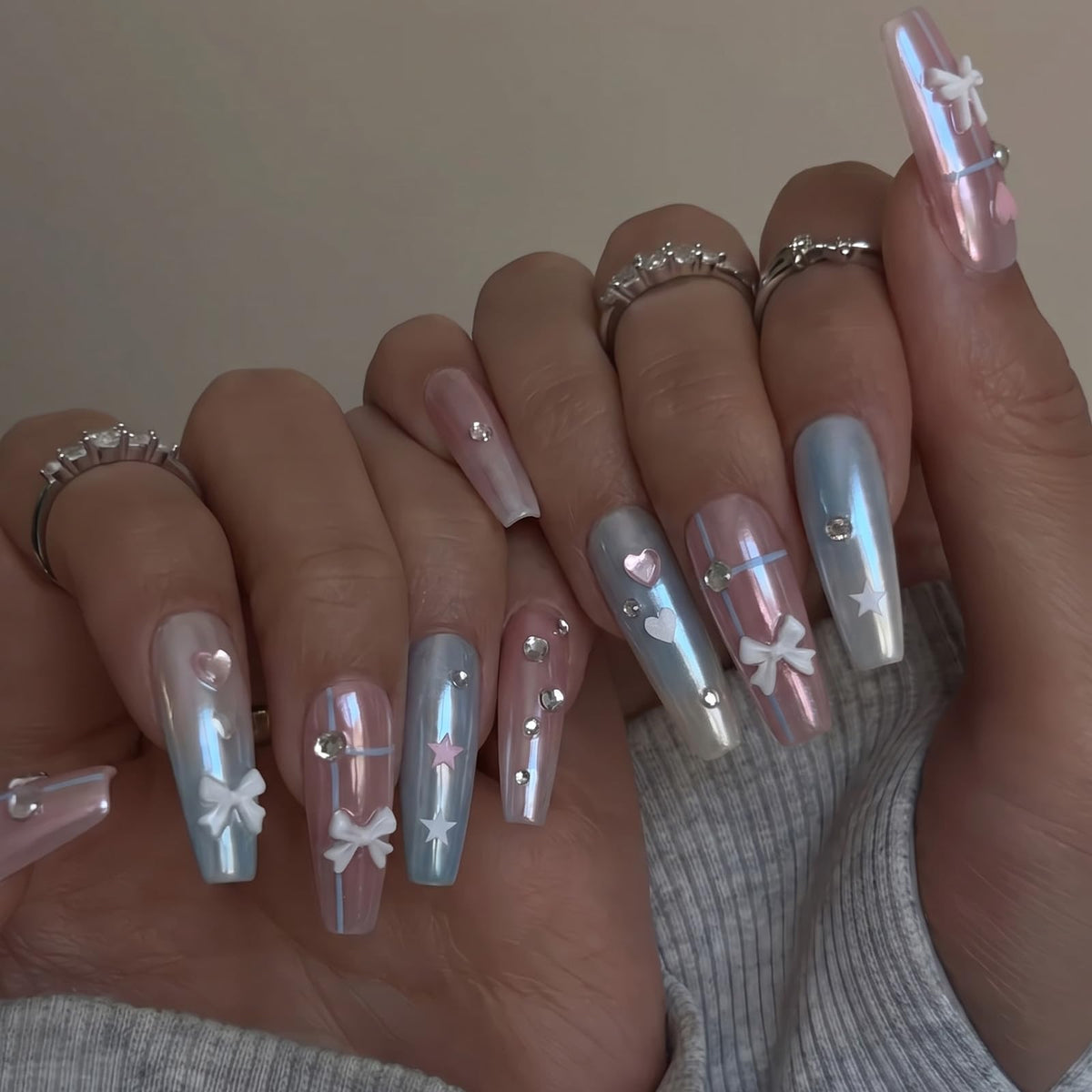 SINHOT Luxury Press on Nails - Long Coffin Fake Nails 3D Handmade Cute Pink Reusable False Nails with Rhinestone Designs,DIY Artificial Nail Art, 24pcs
