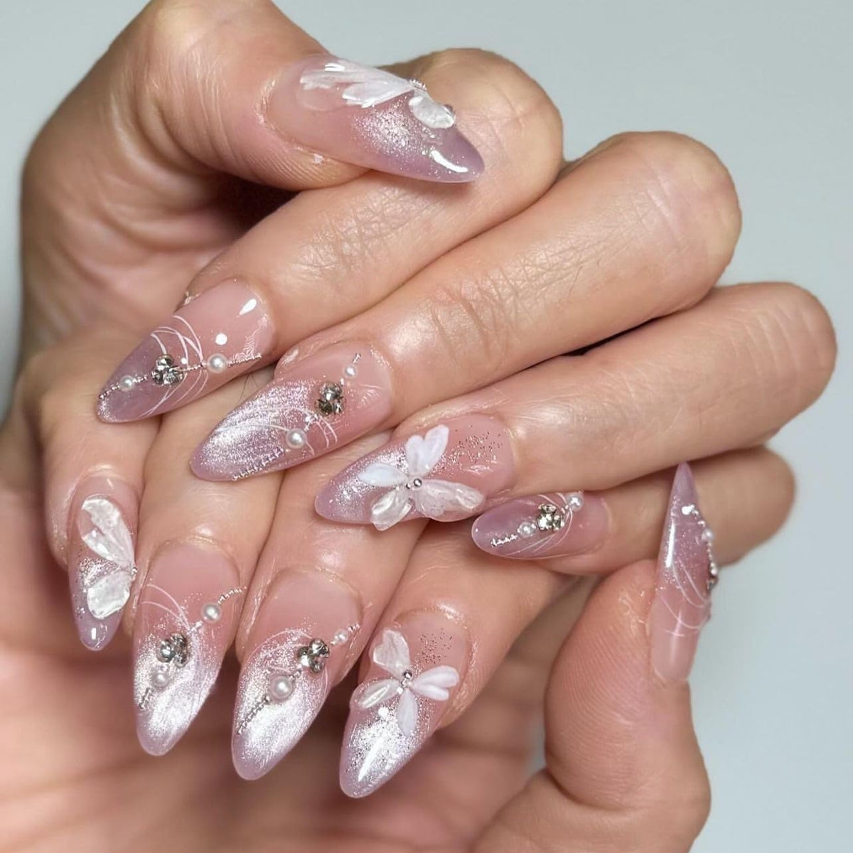 Almond Press on Nails Medium - Fall Fake Nails with Gold Line Design - White Full Cover Stick on False Nails - for Women 24 Pcs