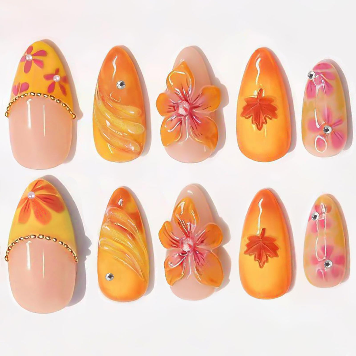 HOSAILY Medium Almond White French Tip Press on Nails 3D White Embossed Floral Designs Fake Nails Pearl Gold Glue on Nails Rhinestones Stick on Nails, 24PCS Bridal Luxury Nails for Women Daily Wedding