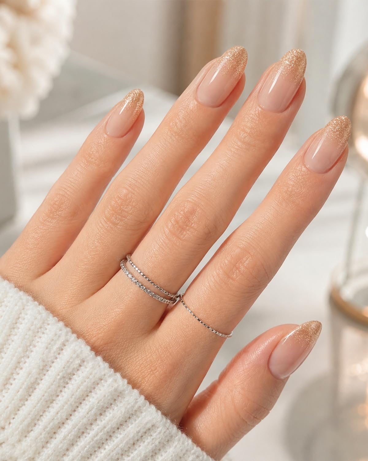 French Tip Press On Nails-Medium Pointed Almond Shape Nails