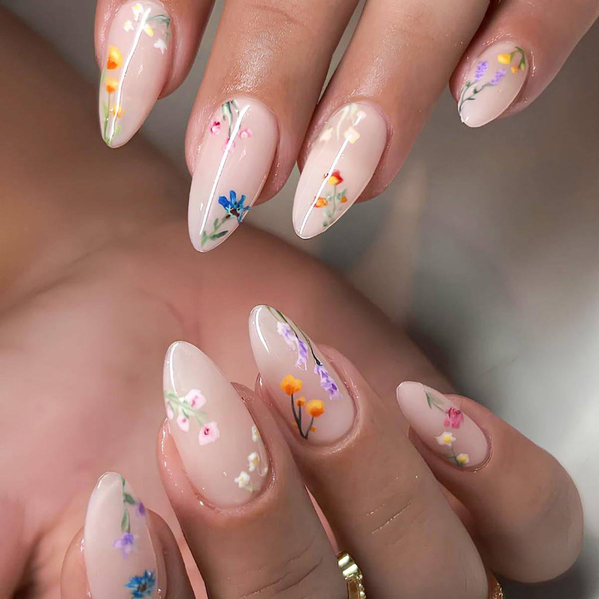 Almond Press on Nails Medium, Handmade White French Tip 3D Nude Fake Nails with Pearl Flower Leaf, Reusable Acrylic Stick On Nails for Women Wedding Bridal Party 24Pcs