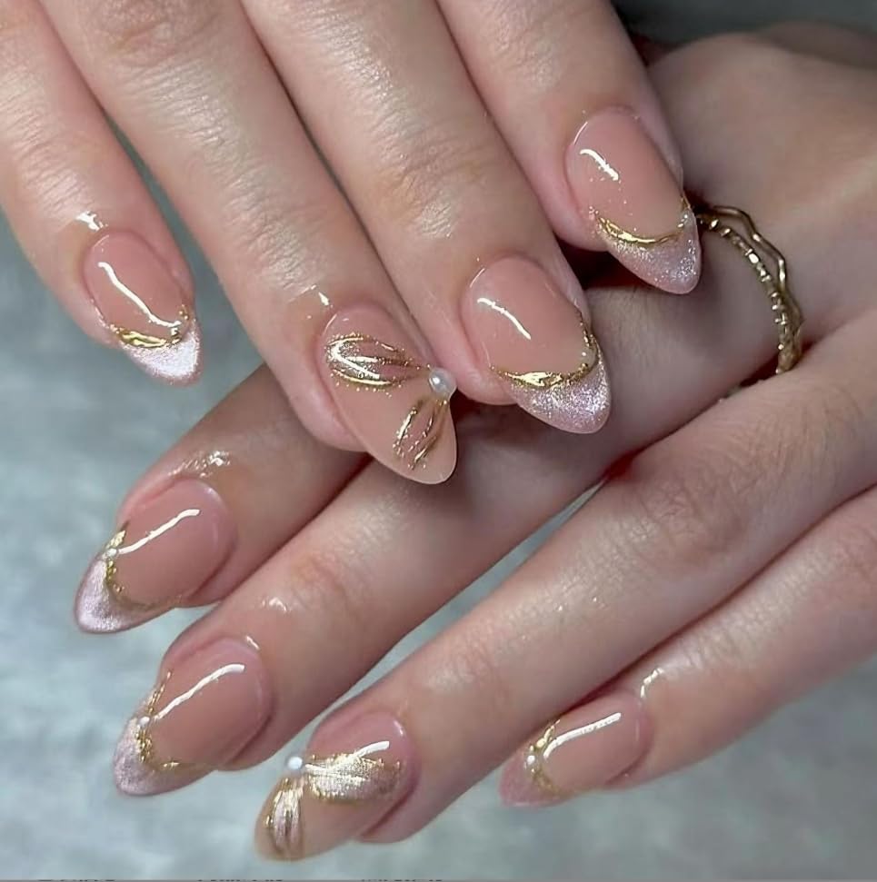 White French Tips Press on Nails, Irregular Gold 3D Lines with Flower & Pearl Design, Reusable Salon Quality Acrylic False Nails for Women, Glue On Nails with Adhesive Tabs for Daily Wear