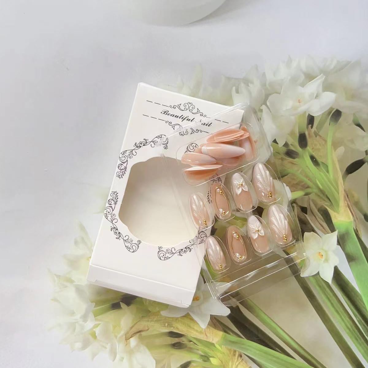 Almond Shape Plastic False Nails, 24pcs Set, Glossy Finish, Classic Elegant French Tip, Reusable with Jelly Sticker, Perfect for Parties & Gifts