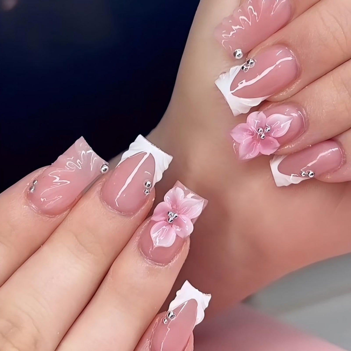 3D Handmade Pink Flower Press on Nails Blue French Tip Almond Fake Nails with Gold Metal Charms Luxury Reusable Full Cover Pink Acrylic Nails Press on for Women 24Pcs
