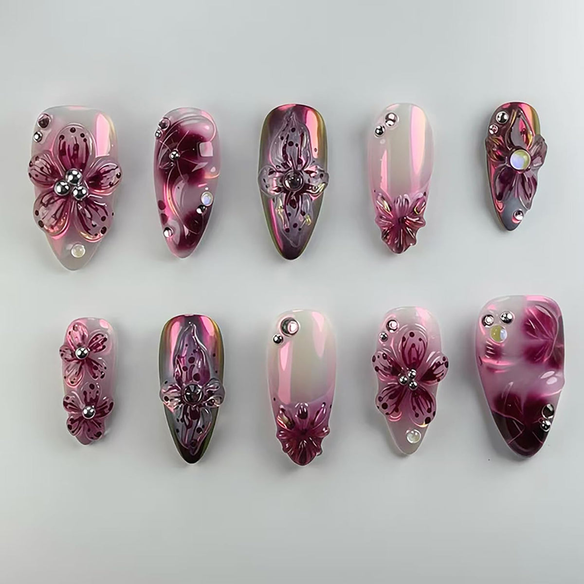 24Pcs Flower Press on Nails Medium Almond Fake Nails with Bow Rhinestones Designs Pink Acrylic Nails Glitter Glue on Nails Cute Floral False Nail Rose Flowers Stick on Nail for Women Nail Supplies