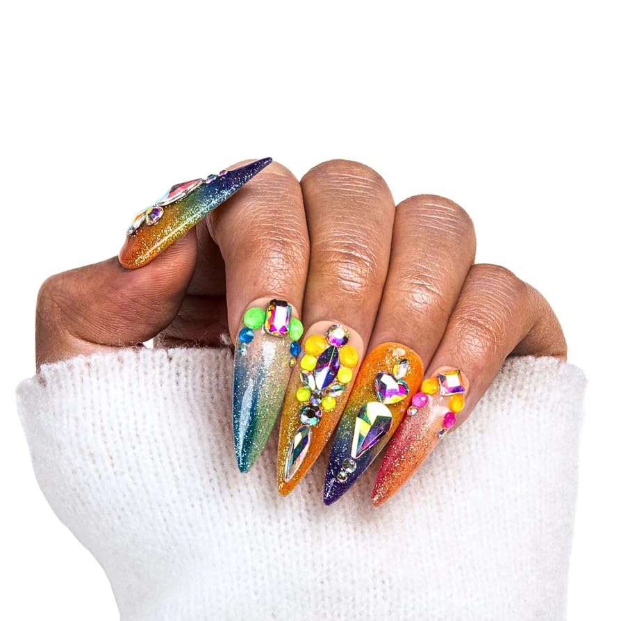 LOVFUL Reusable Press on Nails | Regal Glitz | Salon Quality Sustainable Style Handmade with Full Covered Crystals | Stiletto Mid Length 1.7 in | H259-L