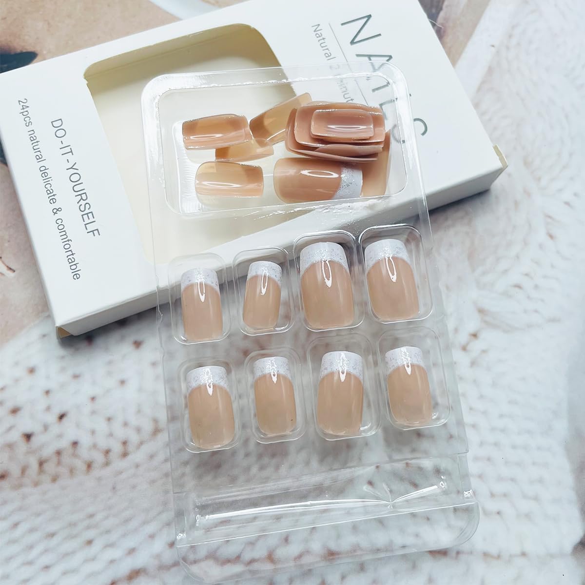 24Pcs French Tip Press On Nails Medium Square Glitter Acrylic Nails with White Gradient Design Glossy False Nails Reusable Nude Stick On Nails for Women Manicure Decor Supplies