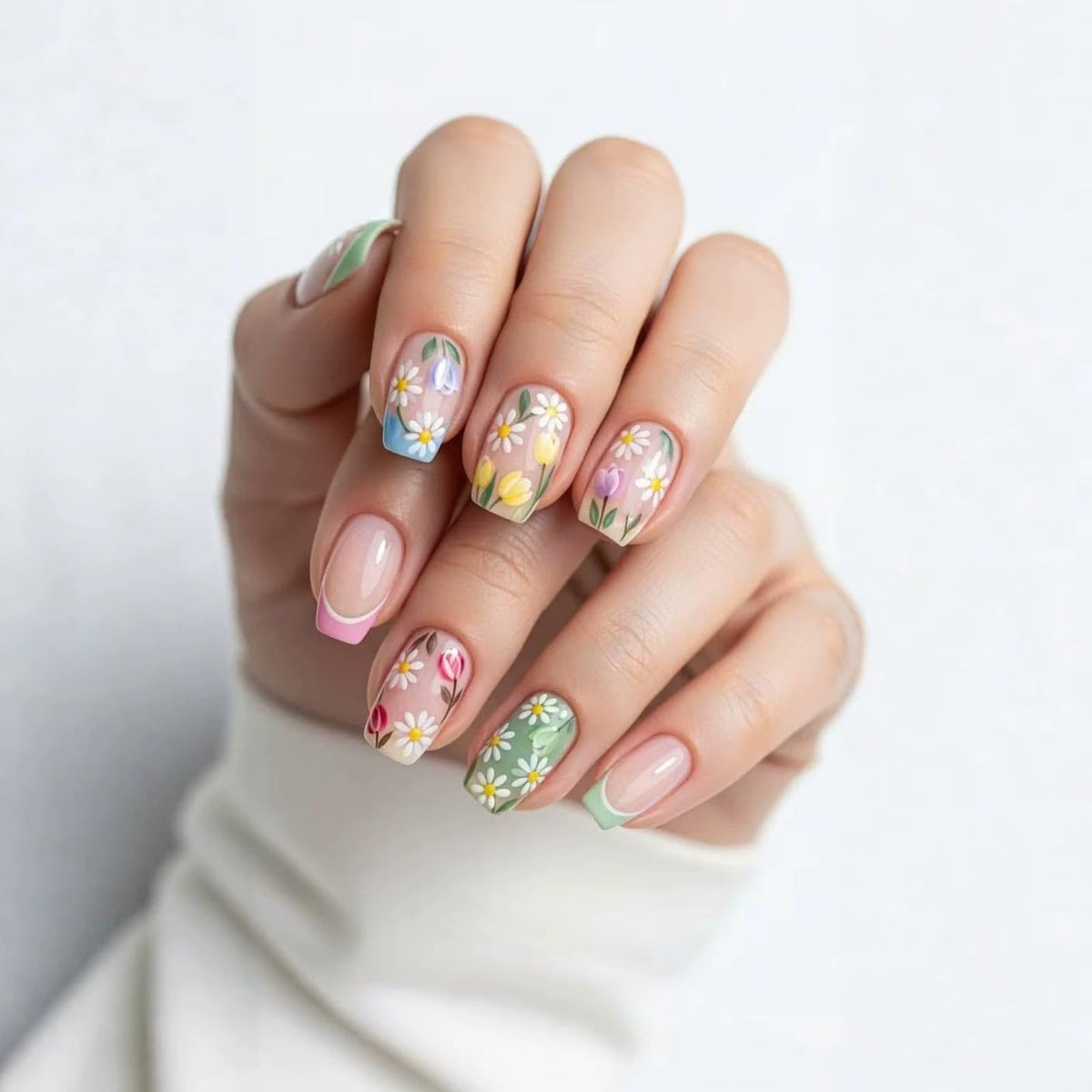 24Pcs Long Square Nude Pink White Nails Press ons Pearl Gold Flower Fake Nails Elegant False Nails Bridal Nails Glue on Luxurious Stick on Nails Casual Work for Girl Women Wedding Formal Occasions