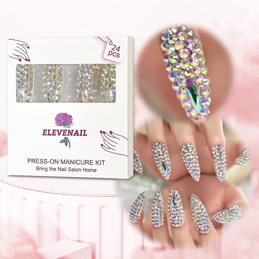 Elevenail Handmade Press on Nails Full Cover Luxurious 3D Crystal False Nails Super Extra Long Stiletto Diamonds Art Decoration Fake Nails Manicure Kit Nail Art Tips Gift for Women Girls Wedding Party