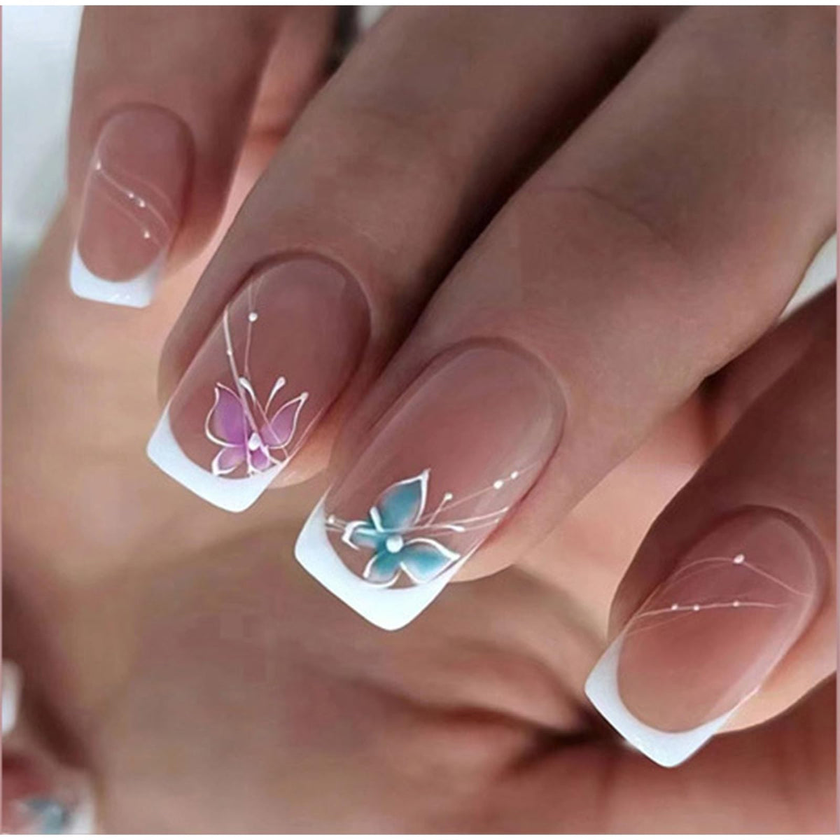Cat Eye Press On Nails Short Square 3D Floral Pearl Wedding Nails 24PCS
