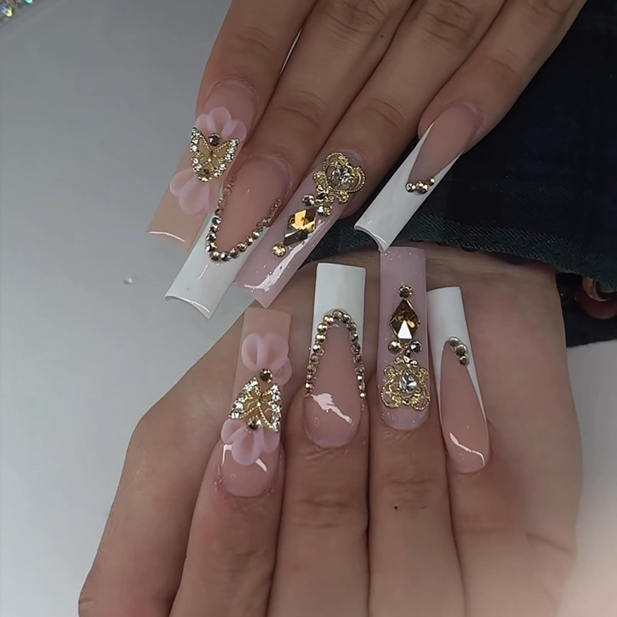 24Pcs Long Square Nude Pink White Nails Press ons Pearl Gold Flower Fake Nails Elegant False Nails Bridal Nails Glue on Luxurious Stick on Nails Casual Work for Girl Women Wedding Formal Occasions