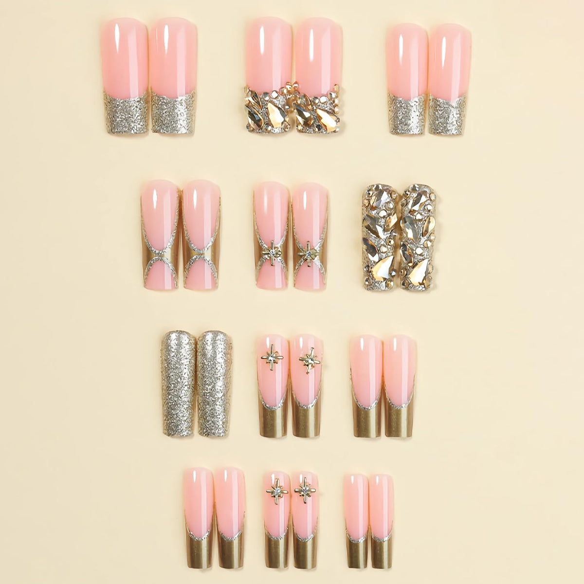 BABALAL Press on Nails, Extra Long Square Fake Nails, Gold Chrome French Tip, Luxury Rhinestone & Star Charm Design, Bling Shiny Reusable Glue on Nails 24Pcs