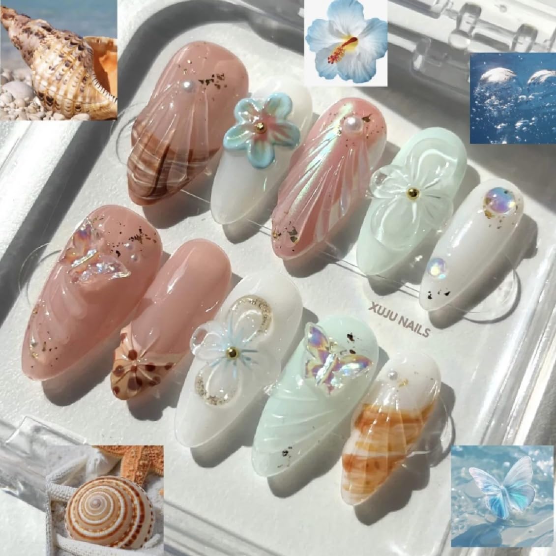 Green Press on Nails Medium Almond Fake Nails with 3D Pearl Rhinestones Designs Gold French Tips Flower Acrylic Nails False Nails White Floral Full Cover Glossy Stick on Nails for Women 24Pcs