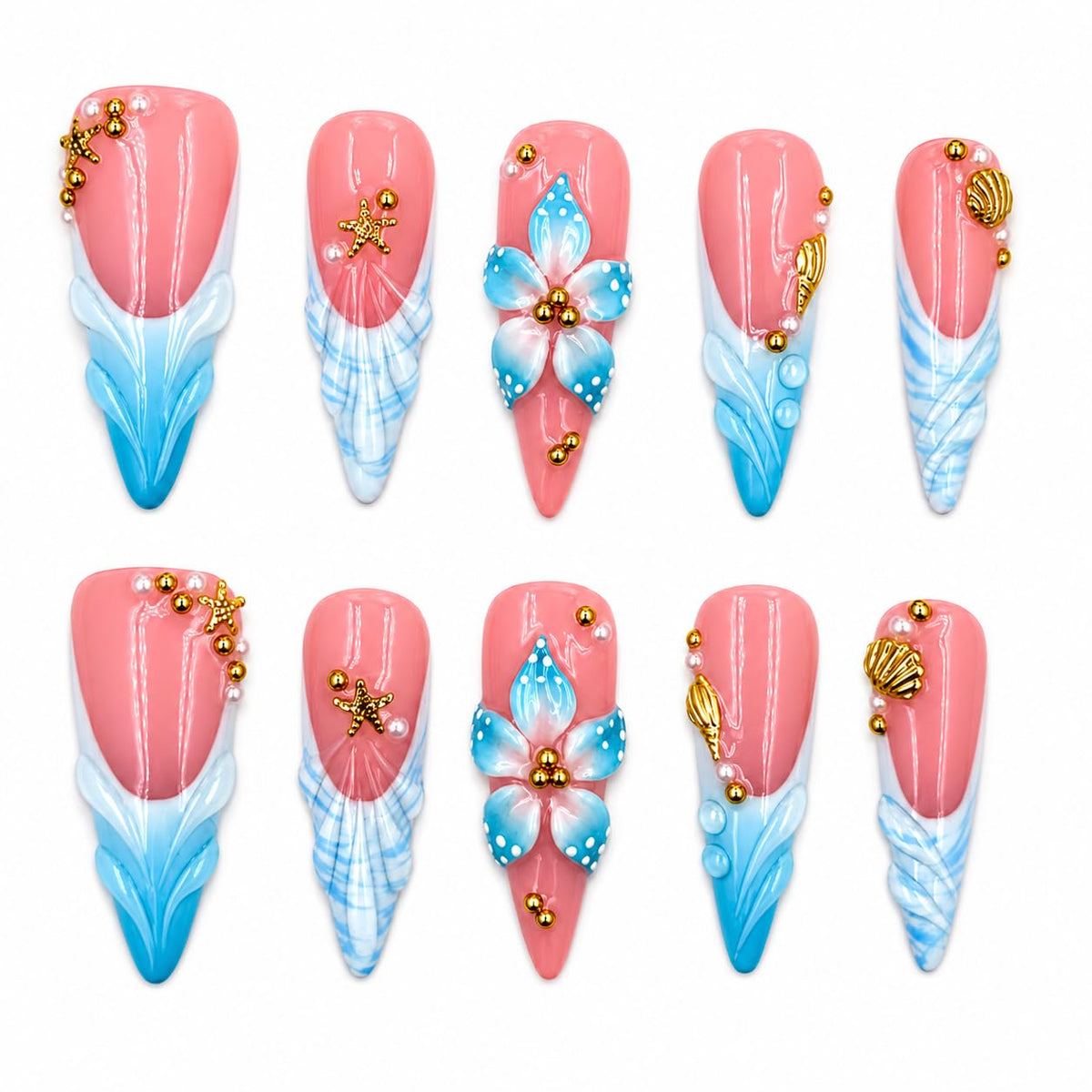 Handmade Press on Nails Long Stiletto - Liquid Gold Abstract Acrylic Fake Nails with Blue Shimmer & Colorful Gems, Luxury Reusable False Nails 10 pcs (Size M)