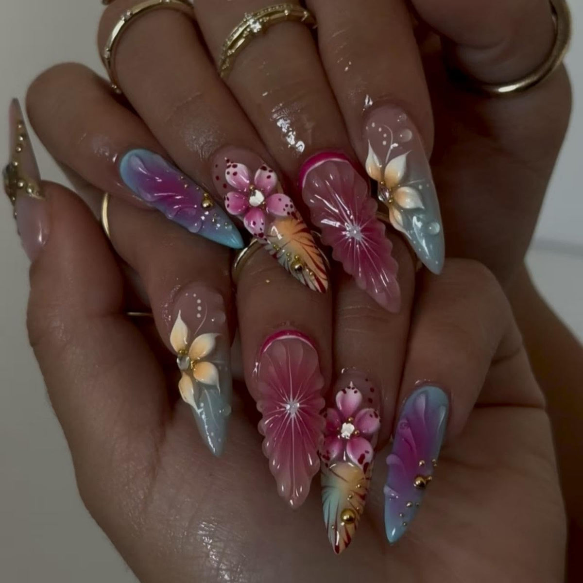 3D Handmade Pink Flower Press on Nails Blue French Tip Almond Fake Nails with Gold Metal Charms Luxury Reusable Full Cover Pink Acrylic Nails Press on for Women 24Pcs