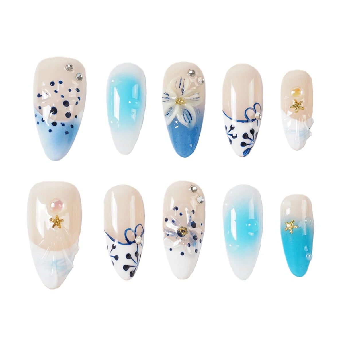 Gothic 3D Floral Press on Nails Medium Almond - Gold Cross & Rhinestone Design, Handmade Pearl Luxury Dark Romantic Reusable Nails (Orange Diamond Sweet Luxury,L)