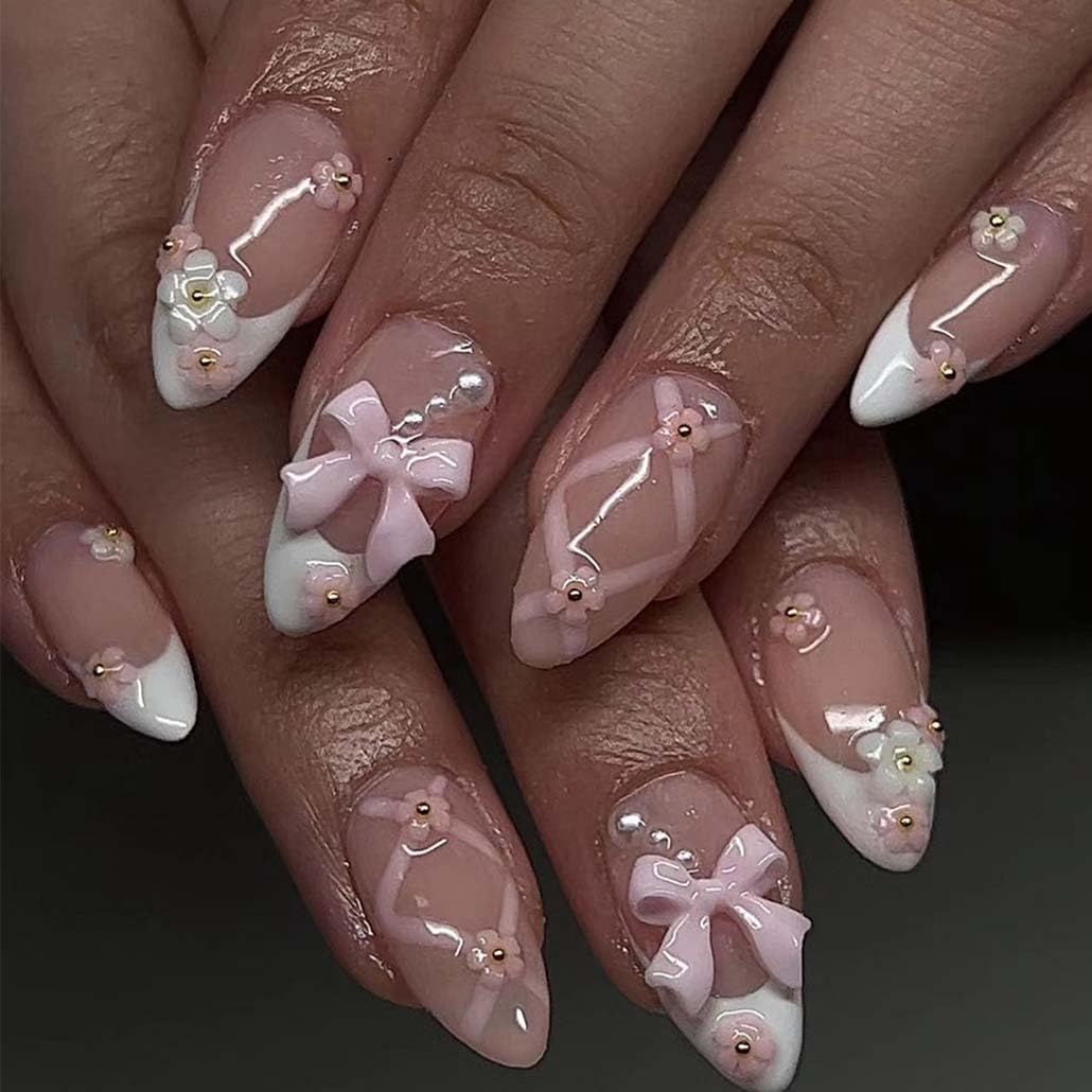 Foccna Press on Nails French Medium, Pearl White Fake Nails Almond Acrylic False Nails,Artificial Glue on Nails for Women 24pcs