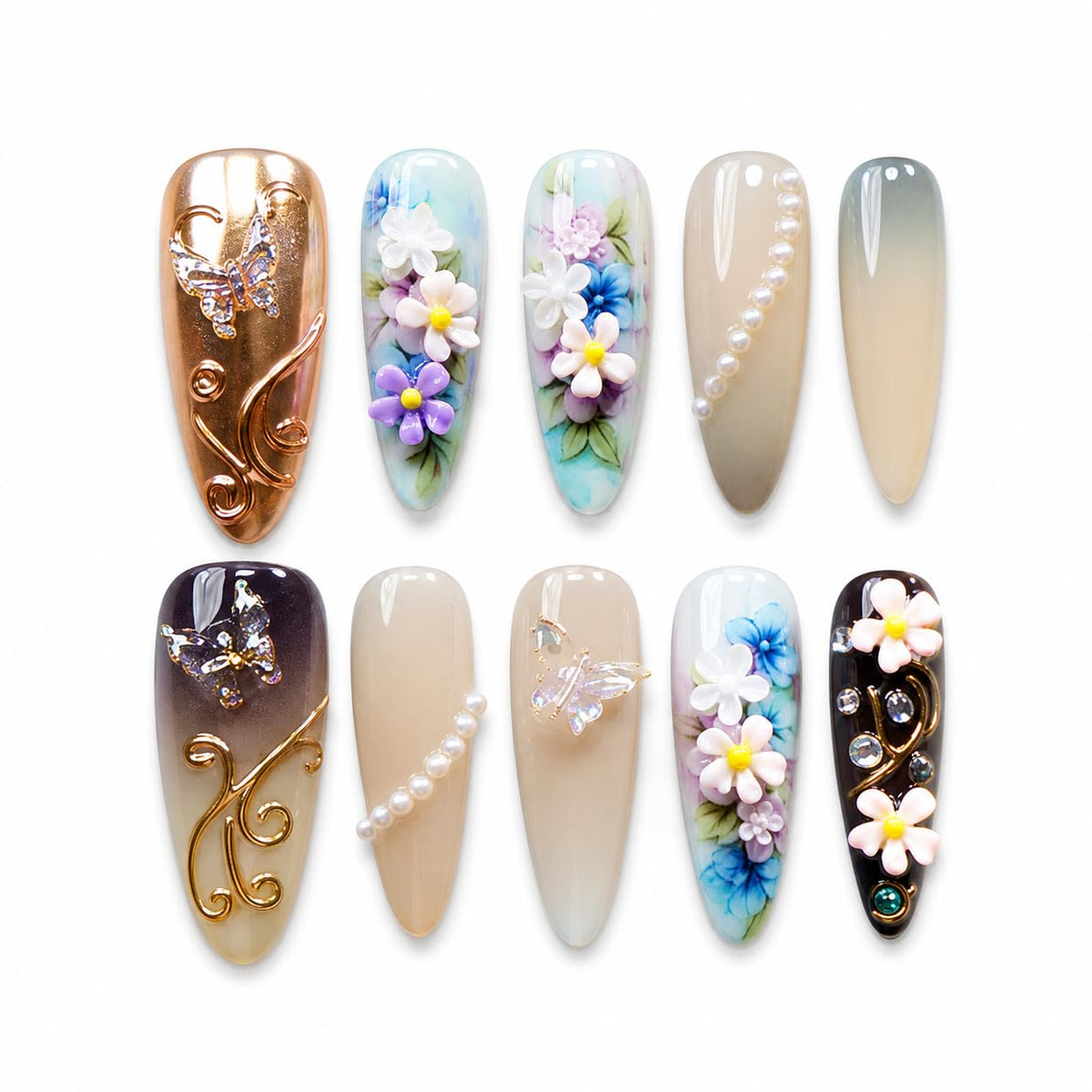 10pcs 3D Metallic Press on Nails Long Almond Handmade, Luxury Ornate Textured False Nails with Gold Silver Chrome Designs, Punk Style Studded Glue on Nails for Women, Gothic Avant-Garde Acrylic Nails
