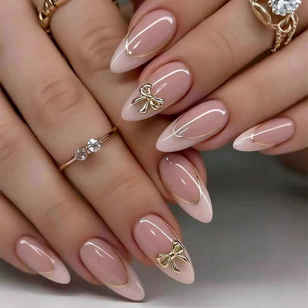Long Almond Glitter Press on Nails Nude Pink Fashion Gold Fake Nails Full Cover Sparkling Stick On Nails Glossy Thin Design Glue on Nails for Girl Women False Nails Daily Office Party Wedding 24 Pcs
