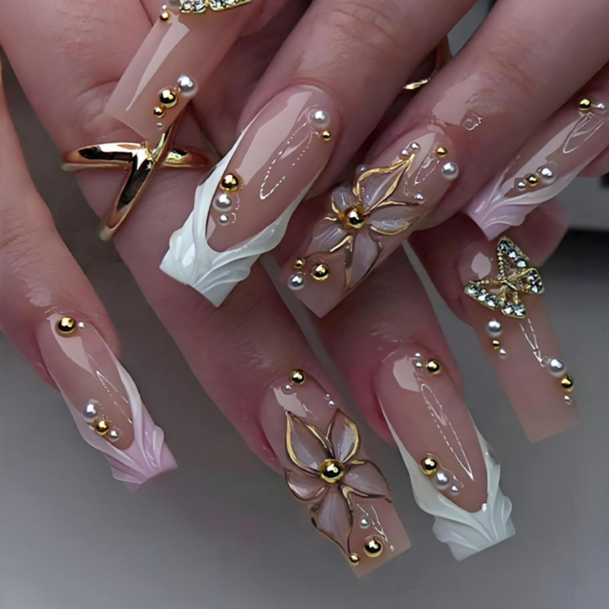 3D Handmade Pink Flower Press on Nails Blue French Tip Almond Fake Nails with Gold Metal Charms Luxury Reusable Full Cover Pink Acrylic Nails Press on for Women 24Pcs
