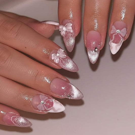 Almond Press on Nails Pink Glitter Bridal Designs Medium Fake Nails with 3D Bow Rhinestones Accent Glossy Wedding Manicure for Bride Bridesmaid Women 24 Pcs