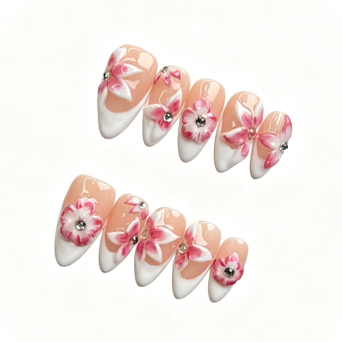 Handmade Press On Nails – Short Almond False Nails for Women, Reusable Acrylic White French Tip with Pearl & 3D Flowers Design – Salon Quality Fake Nails (10PCS Size S)