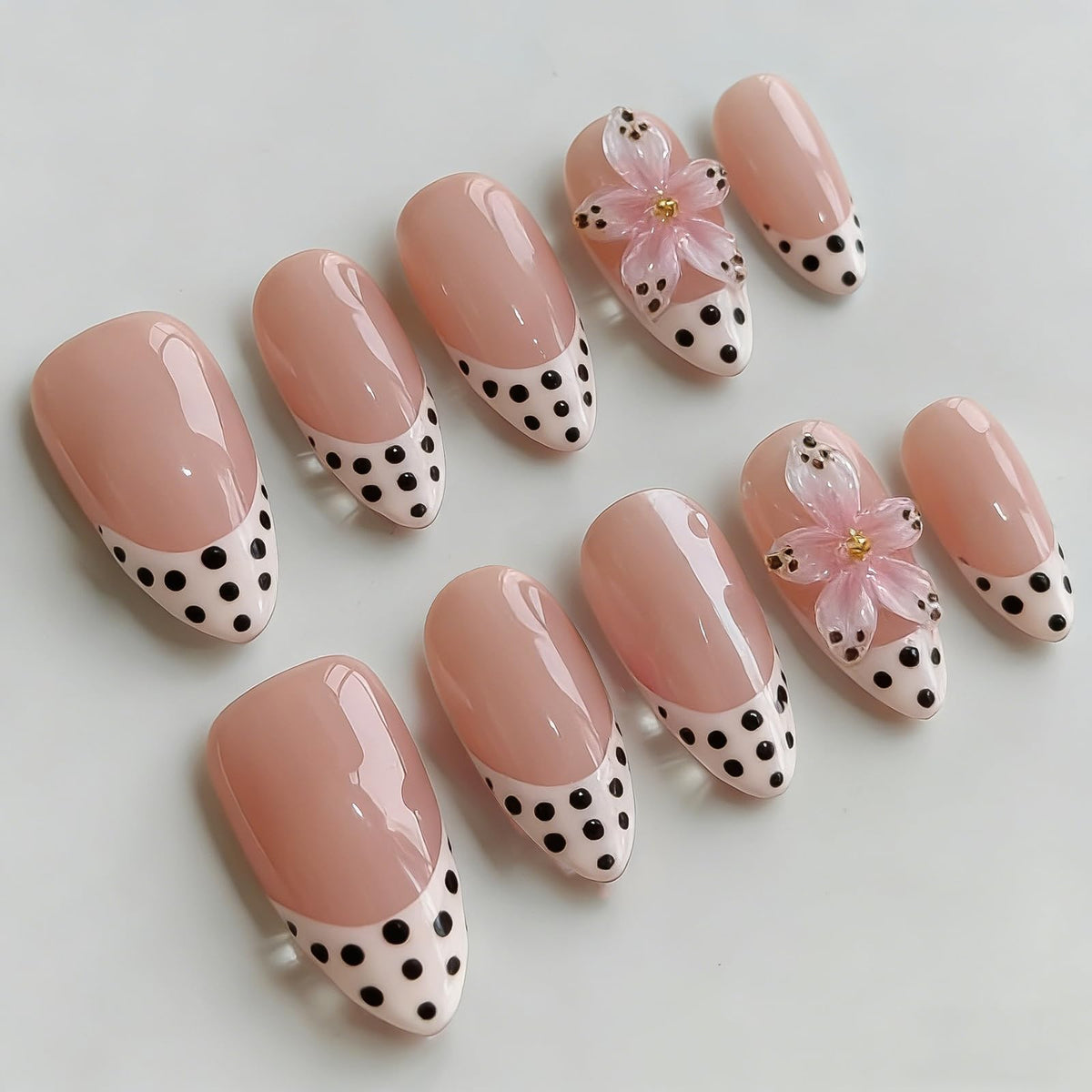 Handmade Almond Press on Nails Medium, Nude White French Tip Fake Nails with 3D White Flower Gold Metal Lines Pearl Decor, Glossy Reusable Full Cover False Nails for Women Wedding Daily(S)