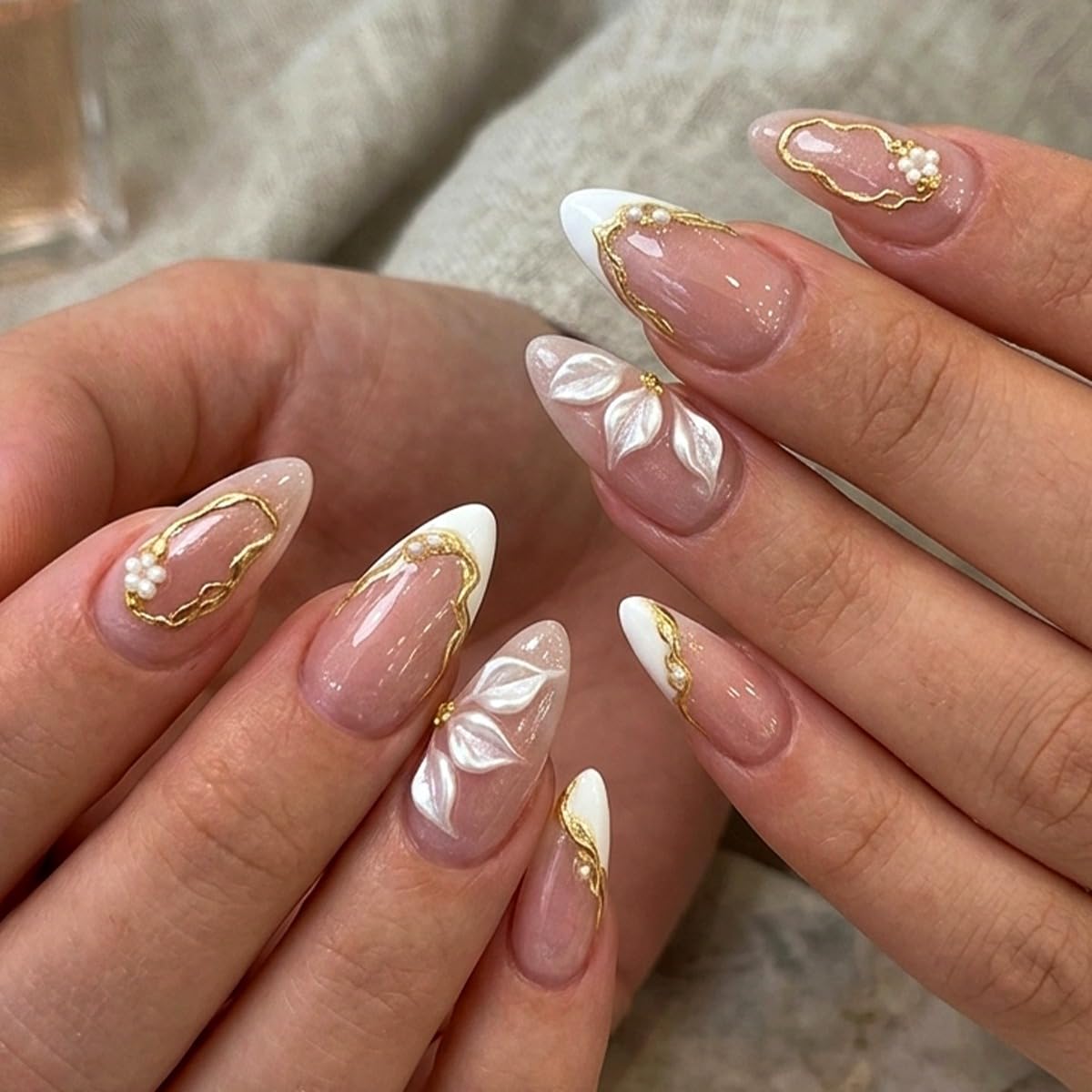 Almond Press on Nails Medium, Handmade White French Tip 3D Nude Fake Nails with Pearl Flower Leaf, Reusable Acrylic Stick On Nails for Women Wedding Bridal Party 24Pcs