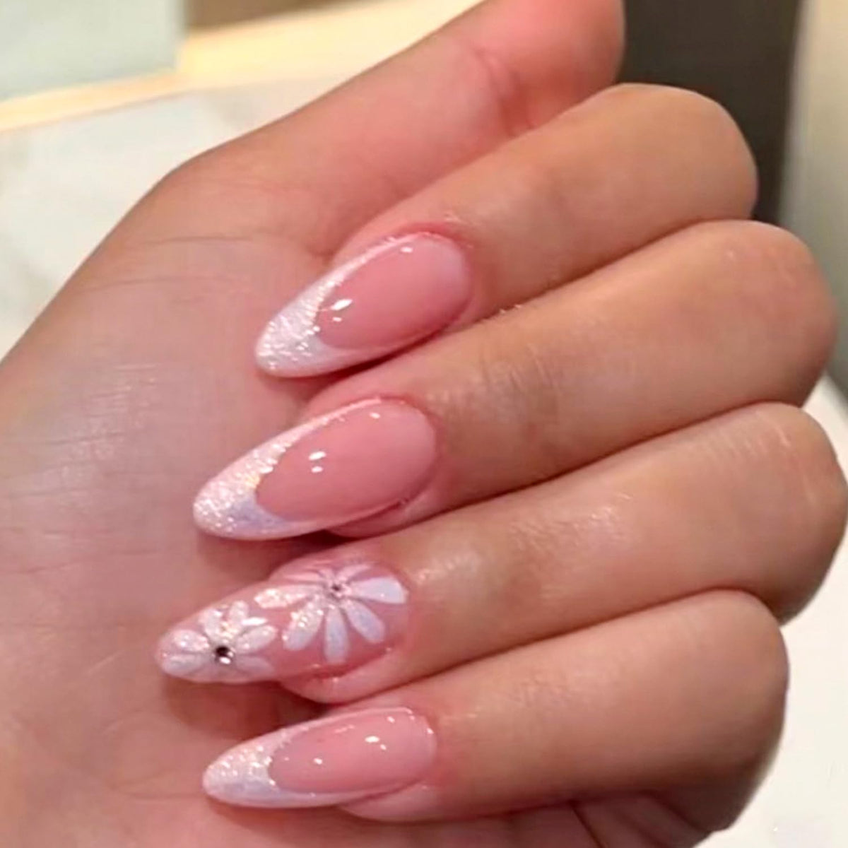 Black French Tip Press On Nails Almond Stiletto, Nude Glossy Fake Nails