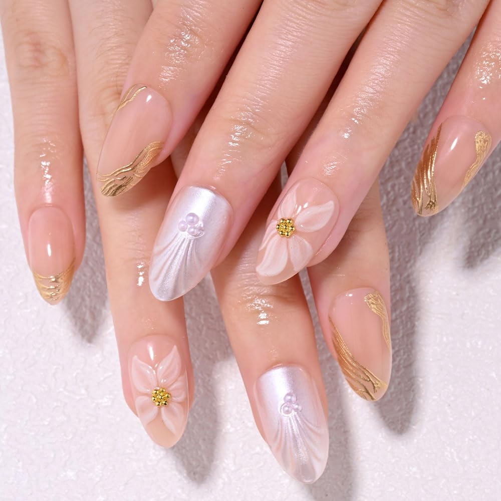 White French Tips Press on Nails, Irregular Gold 3D Lines with Flower & Pearl Design, Reusable Salon Quality Acrylic False Nails for Women, Glue On Nails with Adhesive Tabs for Daily Wear