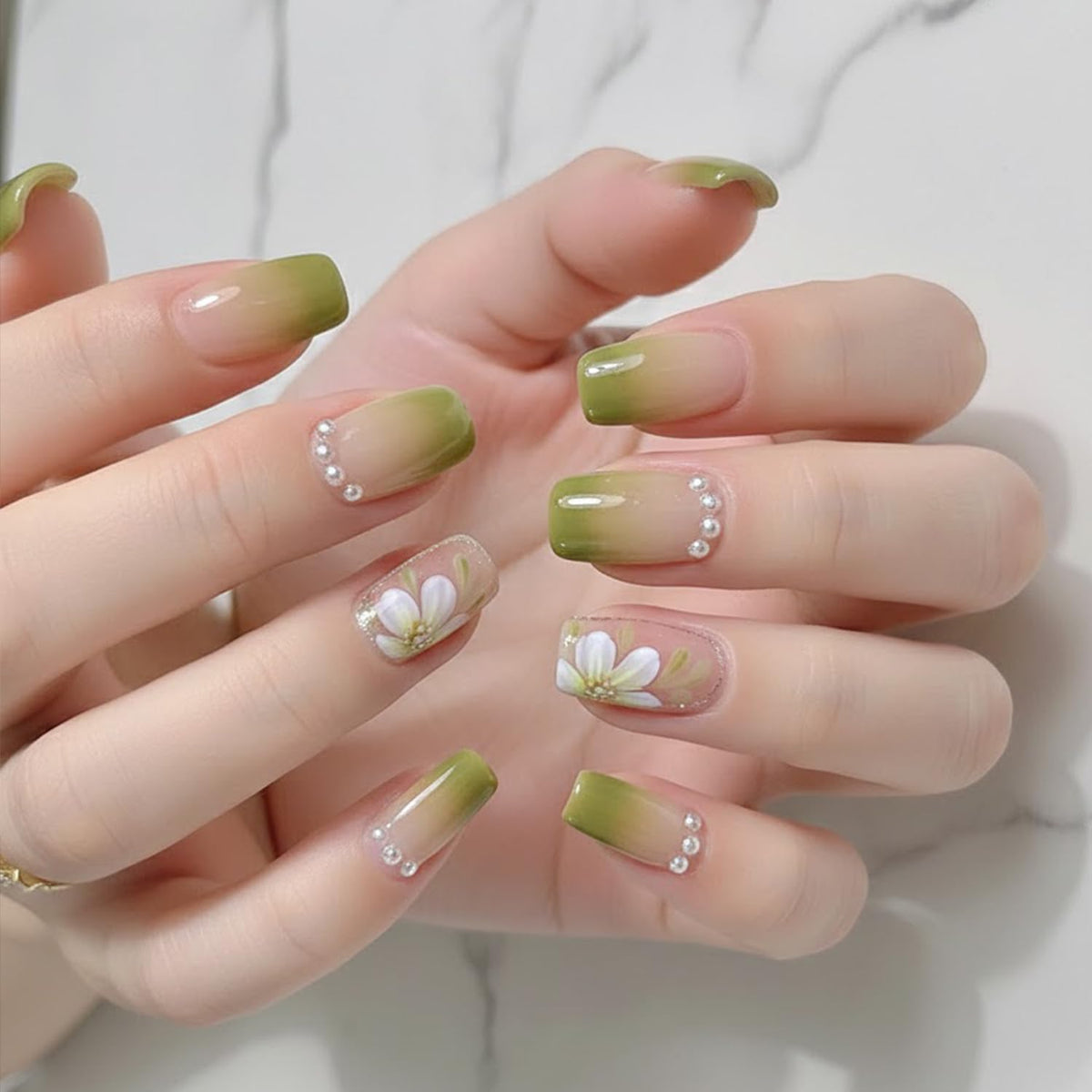 Short Square Press on Nails Flower White French Tip Fake Nails with 3D Floral Gold Bead Designs Glossy Reusable Full Cover Stick on False Nail Set for Women 24 Pcs