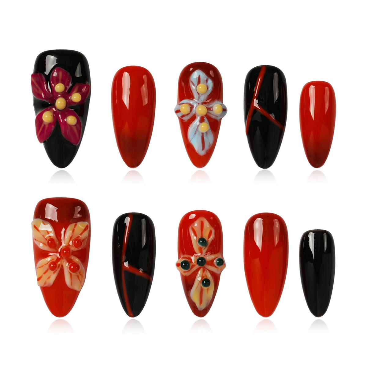 Gothic 3D Floral Press on Nails Medium Almond - Gold Cross & Rhinestone Design, Handmade Pearl Luxury Dark Romantic Reusable Nails (Orange Diamond Sweet Luxury,L)