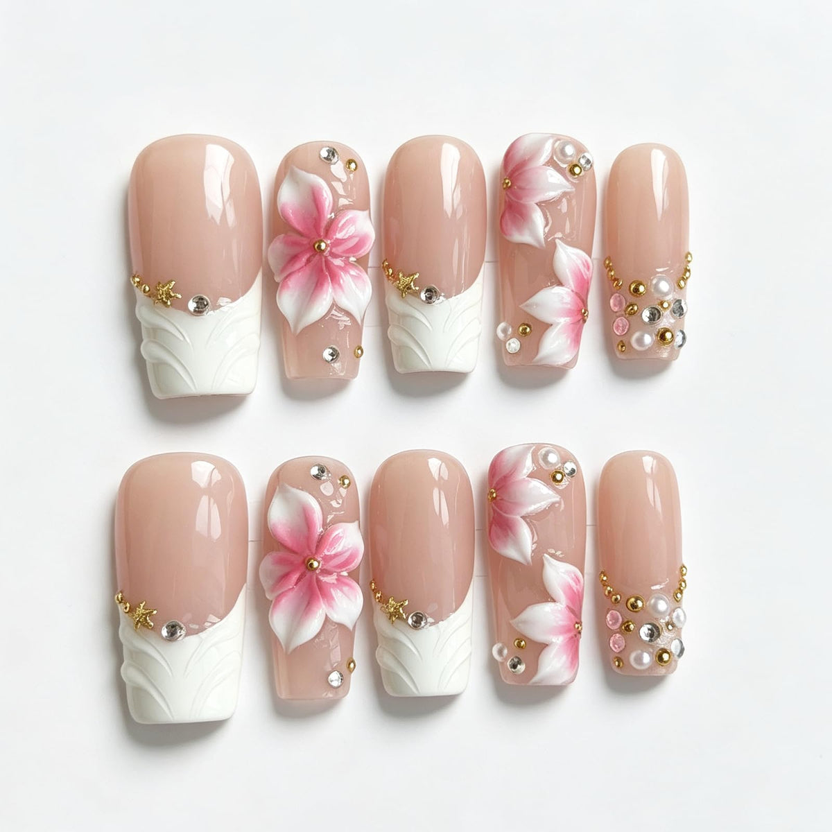 Handmade Press On Nails – Short Almond False Nails for Women, Reusable Acrylic White French Tip with Pearl & 3D Flowers Design – Salon Quality Fake Nails (10PCS Size S)