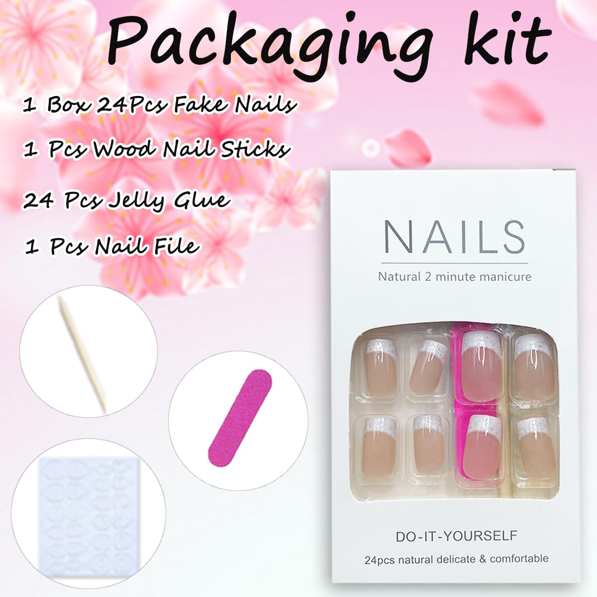 24Pcs French Tip Press On Nails Medium Square Glitter Acrylic Nails with White Gradient Design Glossy False Nails Reusable Nude Stick On Nails for Women Manicure Decor Supplies